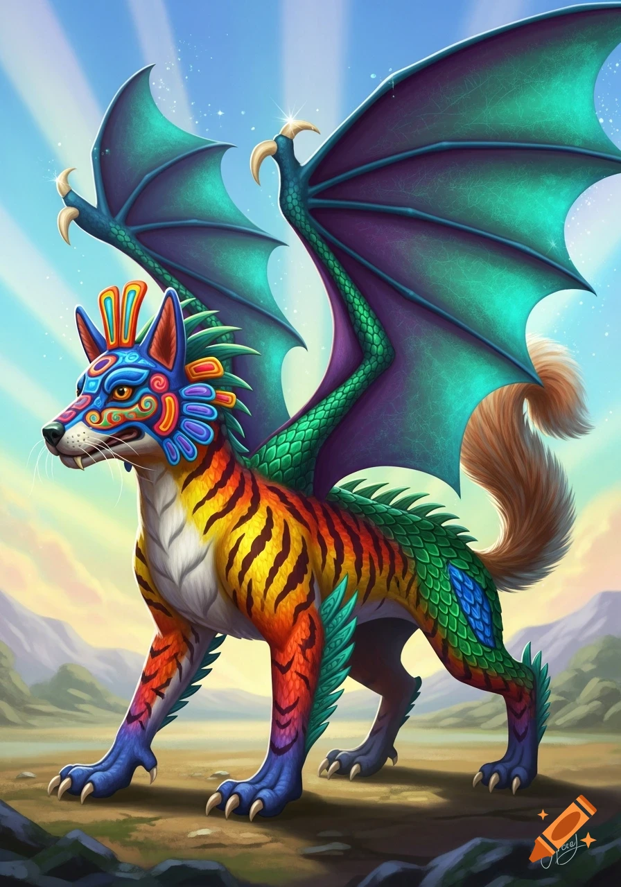 Vibrant alebrije mythical creature with a colorful dog head, tiger body, dragon wings, and squirrel tail in a bright landscape.