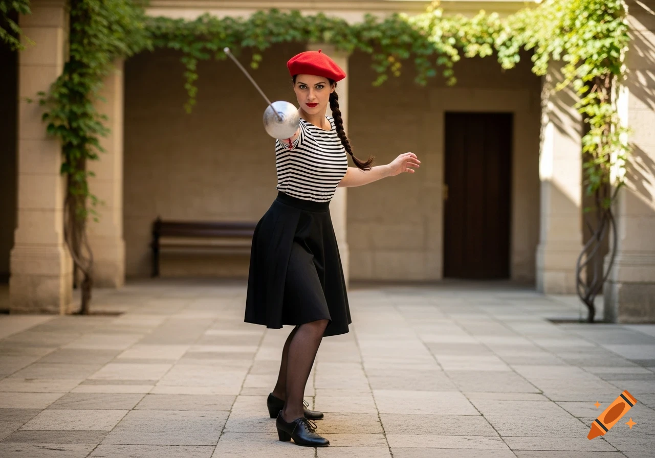 A woman in a red beret, striped shirt, black skirt, and stockings in a fencing pose, pointing a foil in a courtyard.
