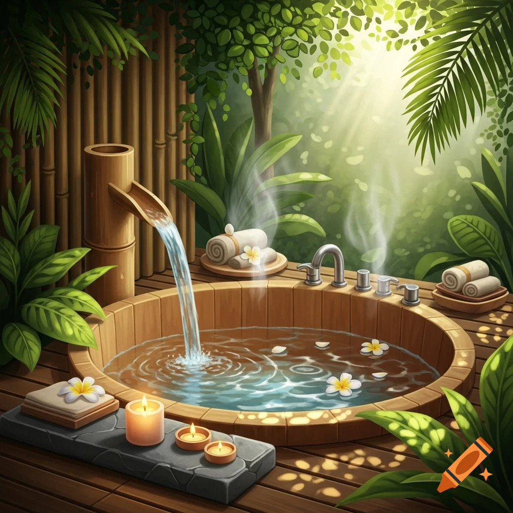 A serene outdoor spa setting with a wooden hot tub, flowing water, candles, and frangipani flowers surrounded by lush green tropical foliage.