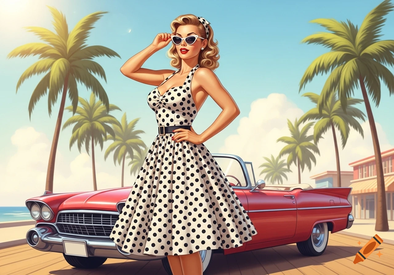 An illustrated blonde pin-up woman in a polka dot dress poses by a red vintage convertible on a boardwalk, with palm trees and beach.