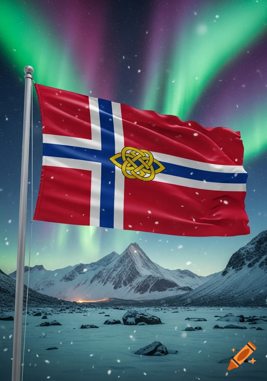 A red, white, and blue flag with a gold knot symbol, against a snowy mountain range under green and purple aurora borealis and falling snow.
