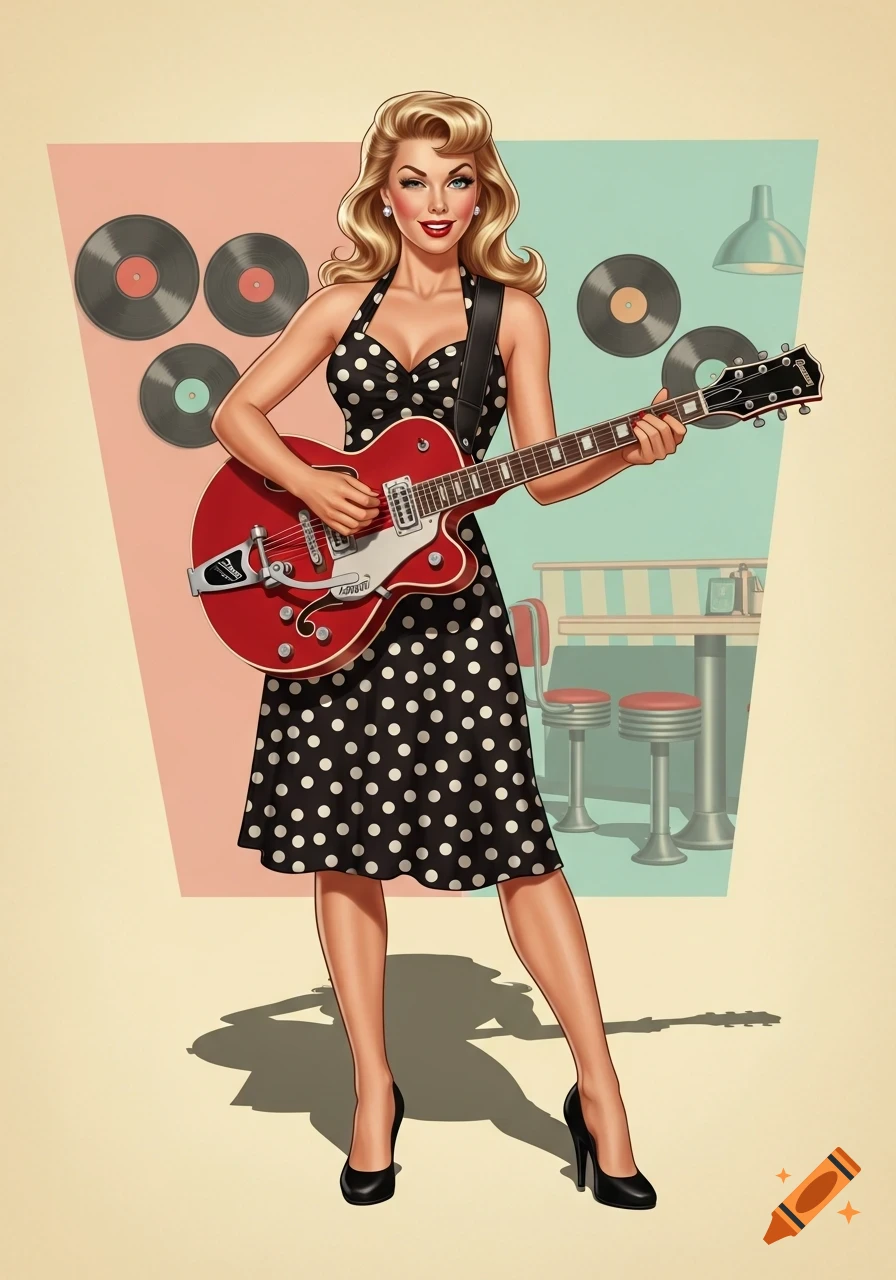 Blonde pin-up woman in a polka dot dress playing a red electric guitar in a retro diner setting, cartoon illustration.