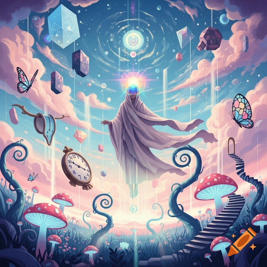 A vibrant dreamcore landscape with a robed figure floating above giant glowing mushrooms, melting clocks, and stairs leading to an archway.