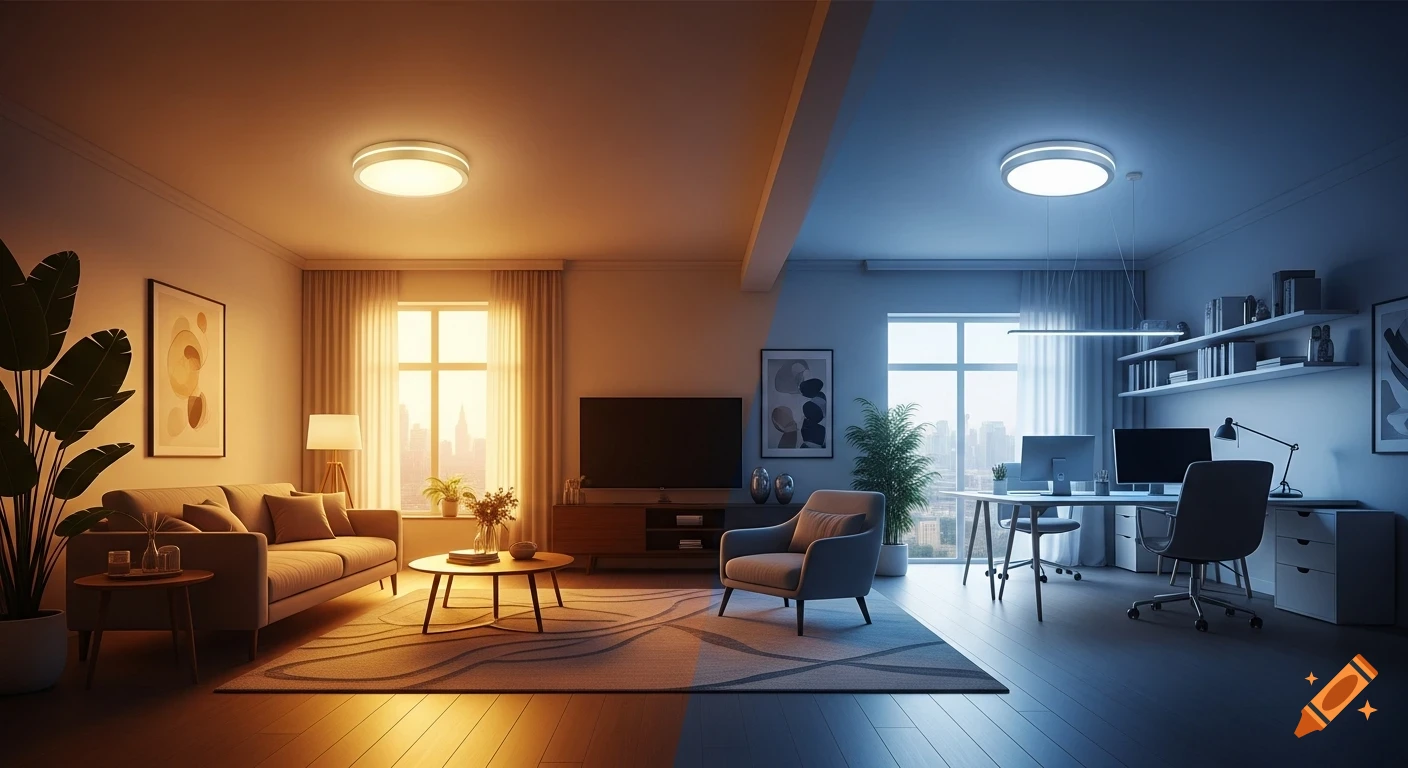 A modern room split down the middle, with a warm-lit living area on the left and a cool-lit home office on the right, showing different color temperatures.