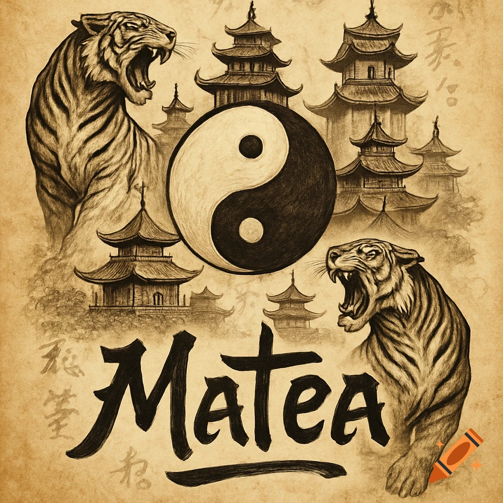 A sketch on aged parchment with two roaring tigers, pagodas, a Yin-Yang symbol, and the name Matea in stylized script.