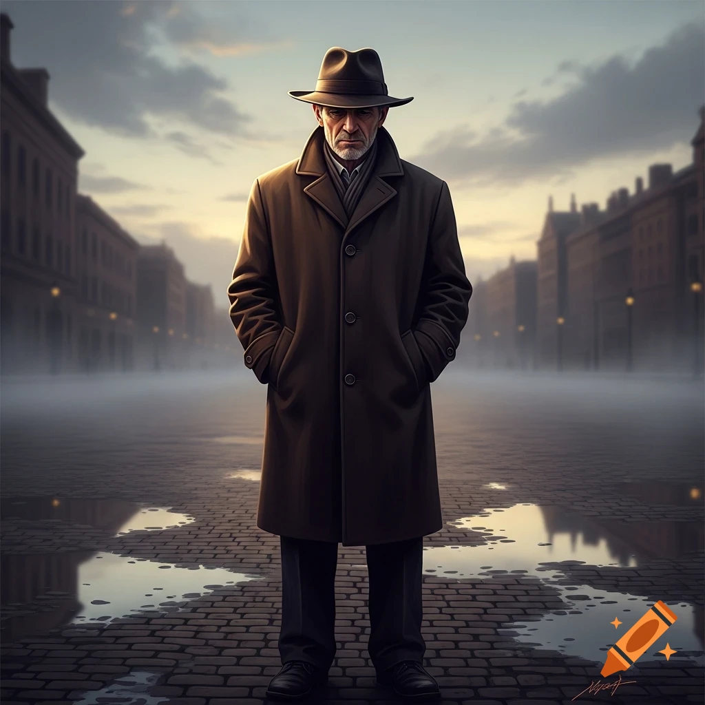 A stern-faced man in a trench coat and fedora stands in a foggy, cobblestone city street at dusk, photorealistic style.
