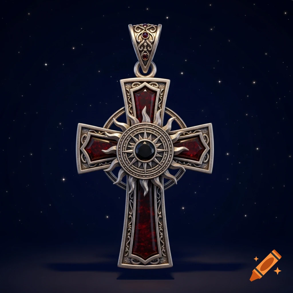An ornate silver cross pendant with red inlay and a central black sun design, against a dark, starry background.
