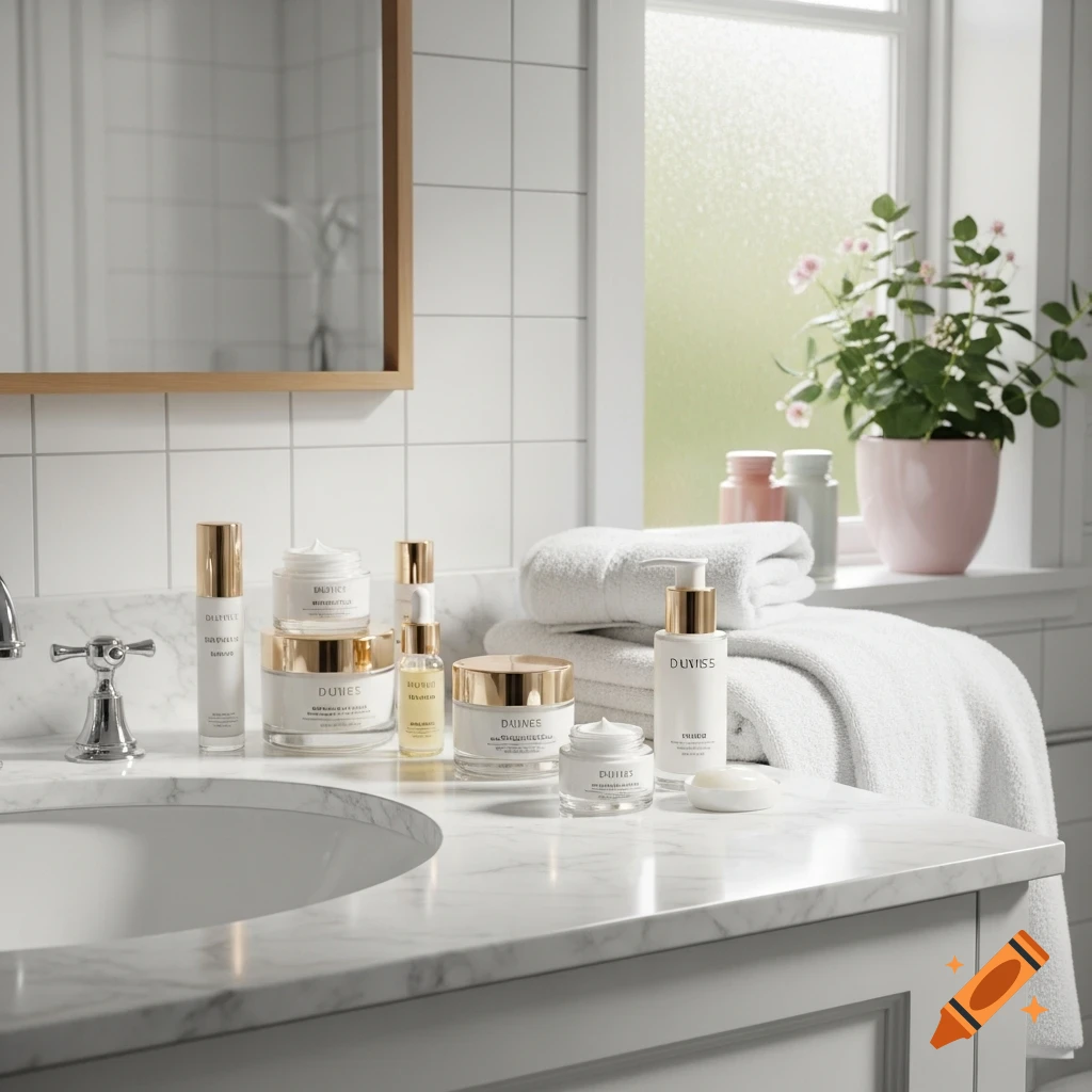 A collection of skincare products on a marble bathroom counter with white towels and a potted plant by a window.