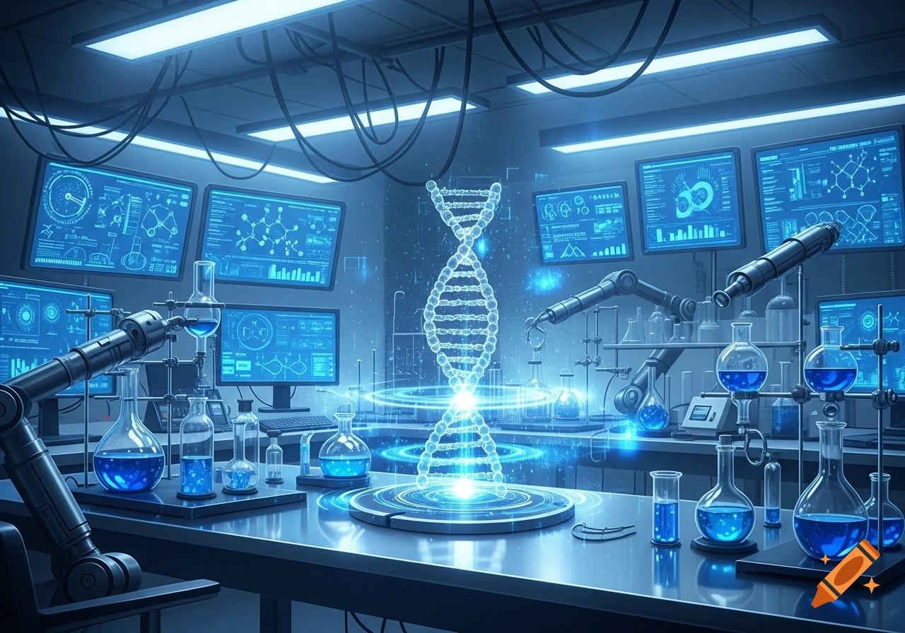 A futuristic science laboratory with glowing blue screens, robotic arms ...