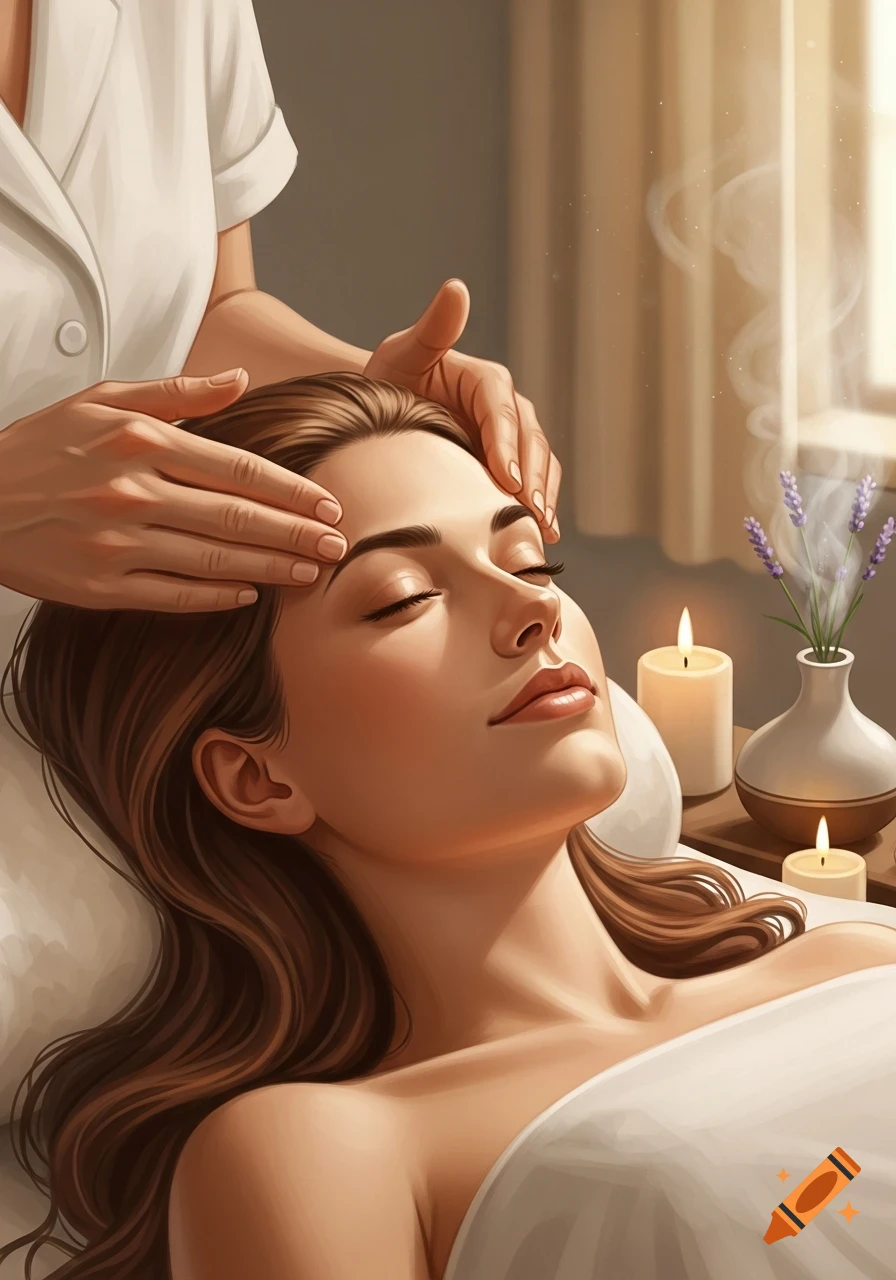 Illustrative image of a woman with closed eyes receiving a facial massage in a tranquil spa setting with candles and lavender.