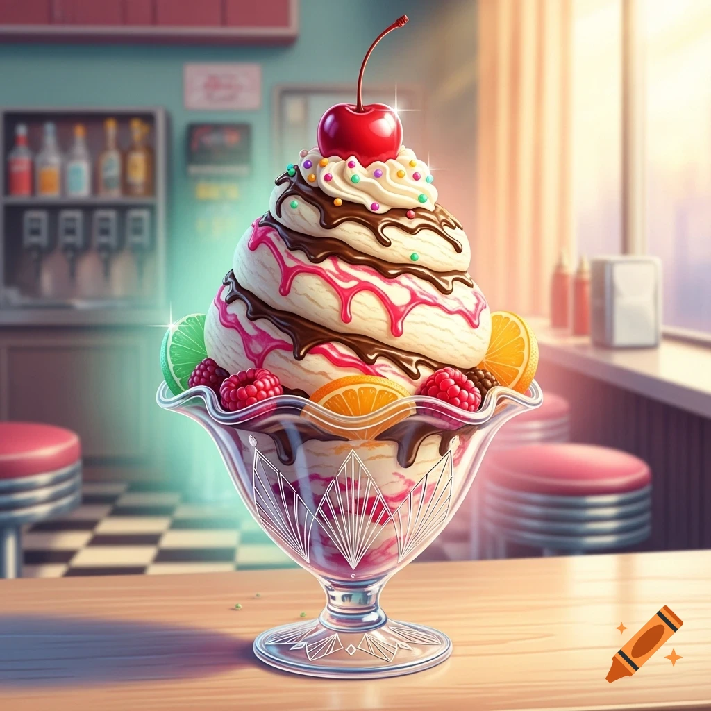 A vibrant ice cream sundae topped with a cherry, chocolate, pink syrup, sprinkles, raspberries, and orange slices in a retro diner.
