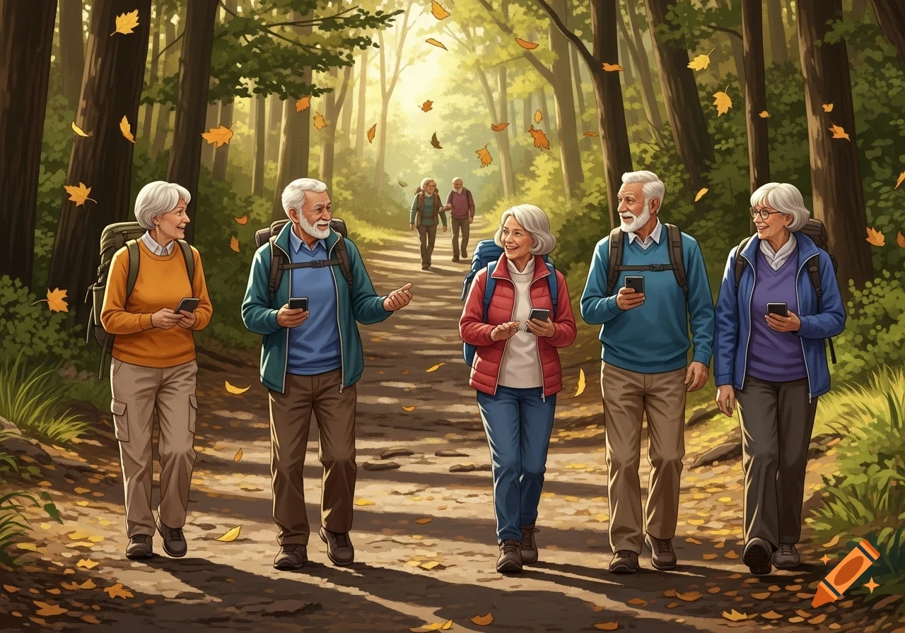 A group of smiling seniors with backpacks hike on a sunlit forest path with falling autumn leaves, some looking at their phones.