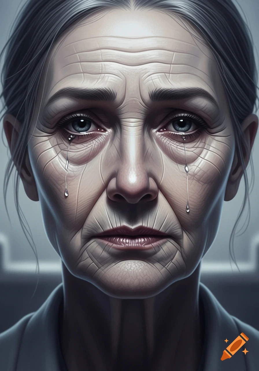 Close-up of an elderly woman's face with deep wrinkles, crying with tears streaming down her cheeks, conveying sadness.