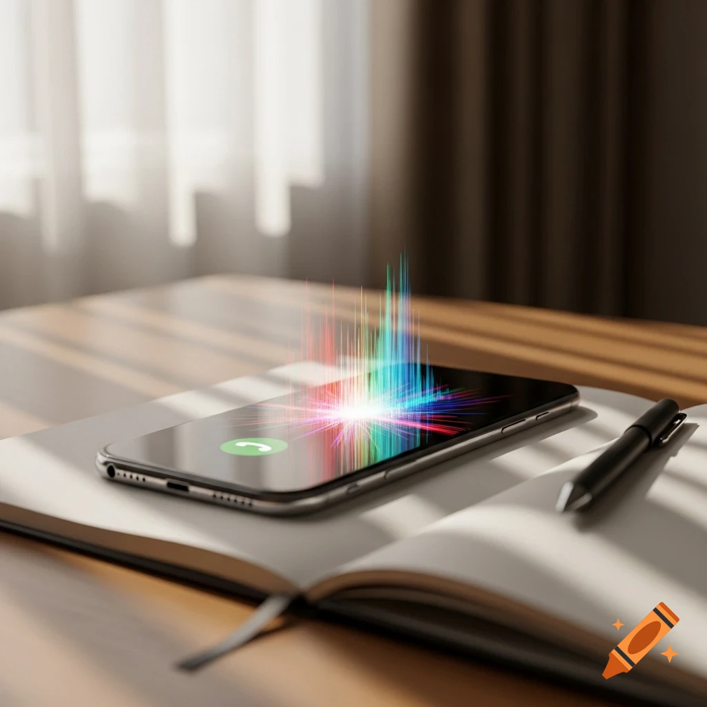 A smartphone lying on an open notebook with a pen, displaying a colorful sound wave visualization and a green phone icon, illuminated by sunlight.