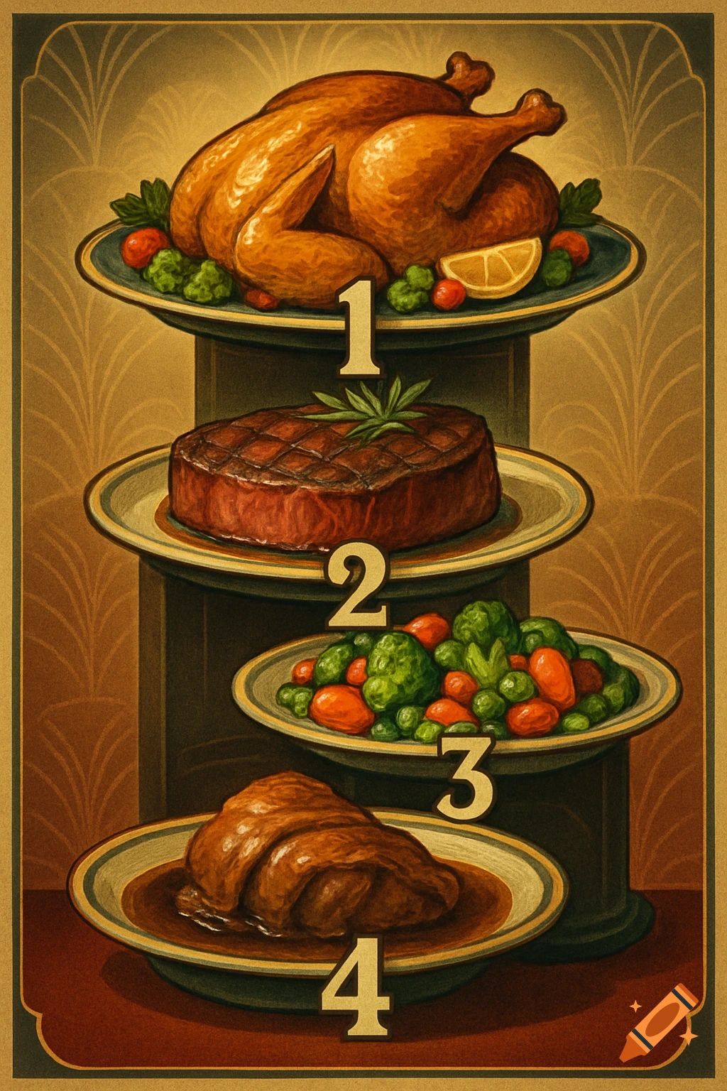 An illustrative poster with stacked plates of food: roasted chicken (1), beef steak (2), vegetables (3), and mutton (4).