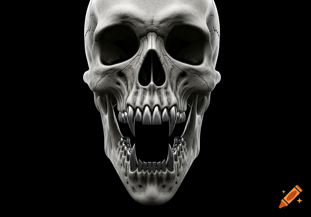 A highly detailed, realistic white skull with razor-sharp metal fangs and an open mouth, set against a dark black background.