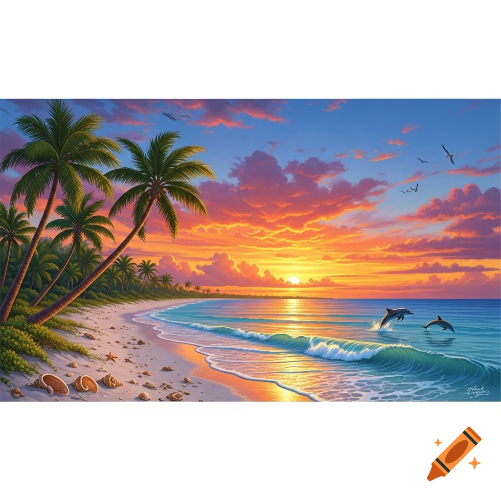 Vibrant illustration of a tropical beach at sunset with palm trees, ocean waves, and two dolphins leaping.