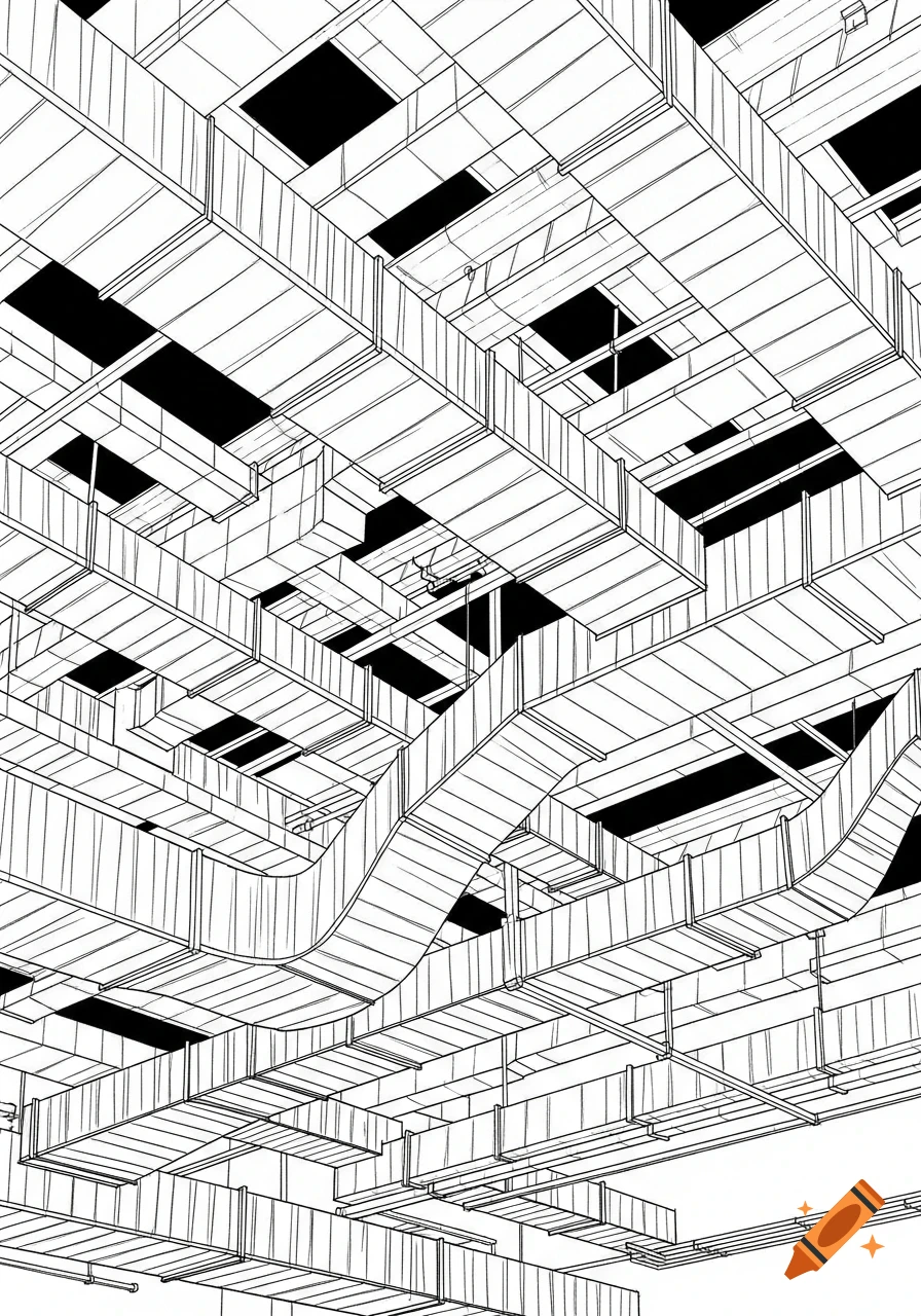 Black and white line drawing illustrating a complex, overhead maze of industrial ductwork and ventilation shafts.