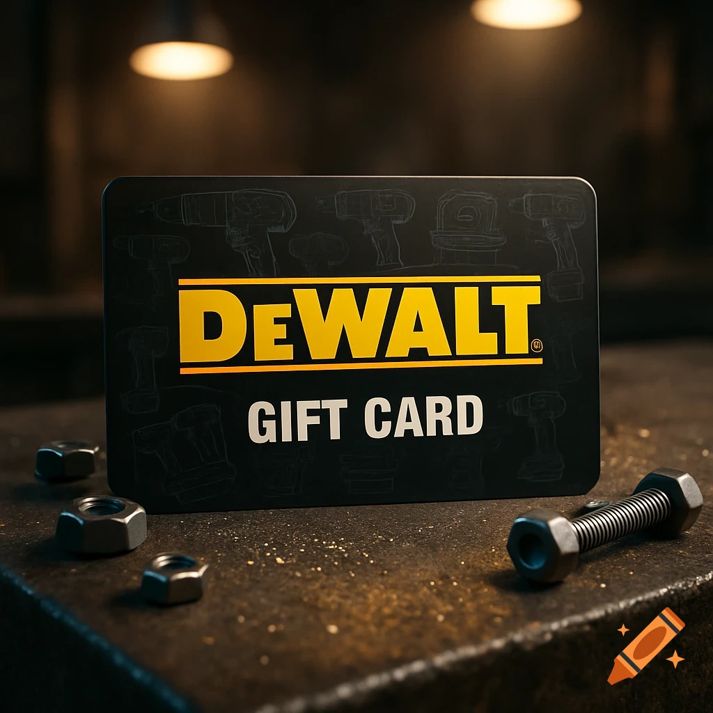 DeWalt gift card on a textured metallic surface, surrounded by metal nuts and bolts, under warm lighting.