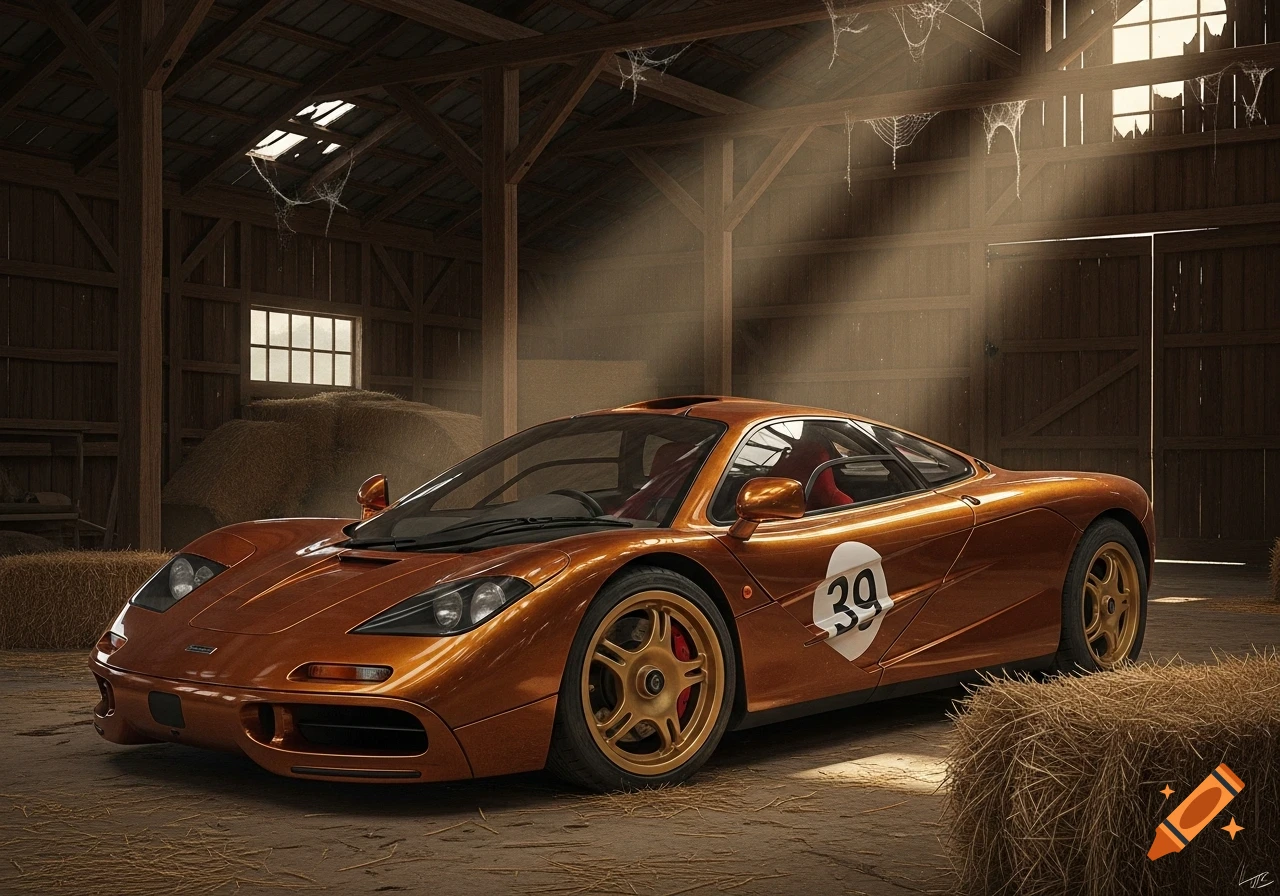 Photorealistic image of an orange McLaren F1 supercar with gold wheels and number 39, parked in a dusty wooden barn with hay.