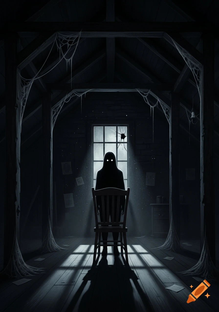 Dark, horror-style image of a shadowy figure with glowing eyes sitting on a chair in a cobweb-filled attic, lit by a broken window.