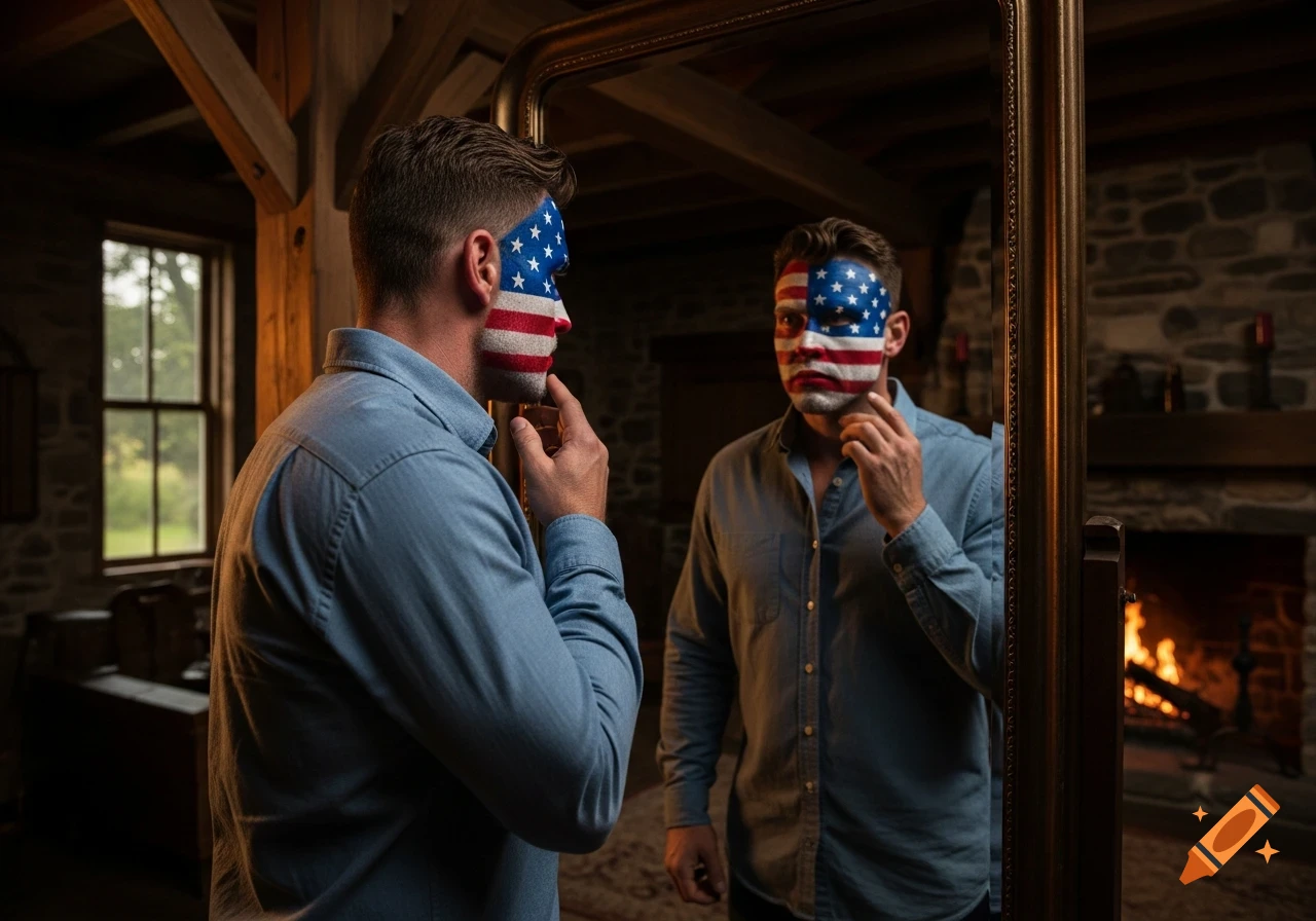 A man with a US flag painted on his face looks at his reflection in a mirror in a rustic room.