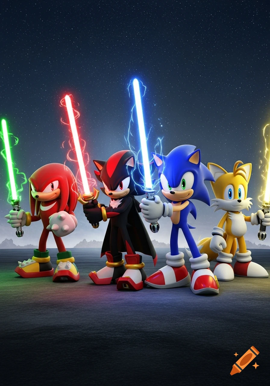 Knuckles, Shadow, Sonic, and Tails holding green, red, blue, and yellow lightsabers, respectively, under a starry night sky.