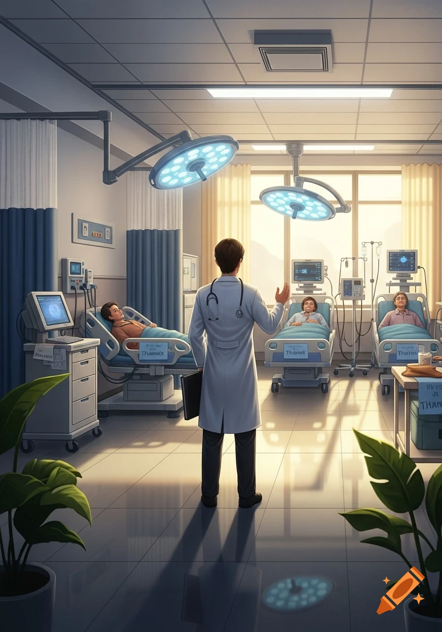 A doctor stands in a hospital room, facing three patients in beds under bright operating lights. Digital art.