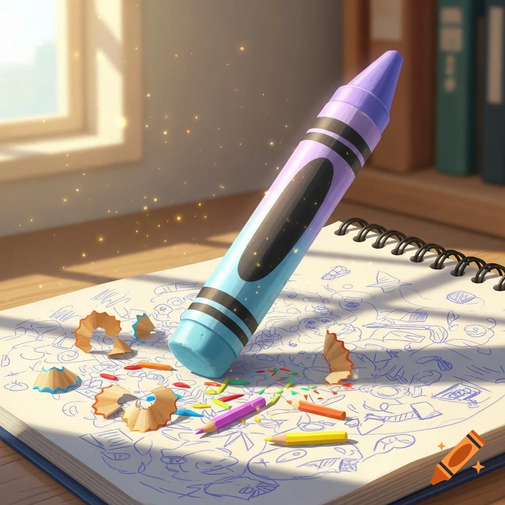 A colorful crayon, pencils, and wood shavings lie on an open sketchbook filled with doodles, bathed in warm sunlight.