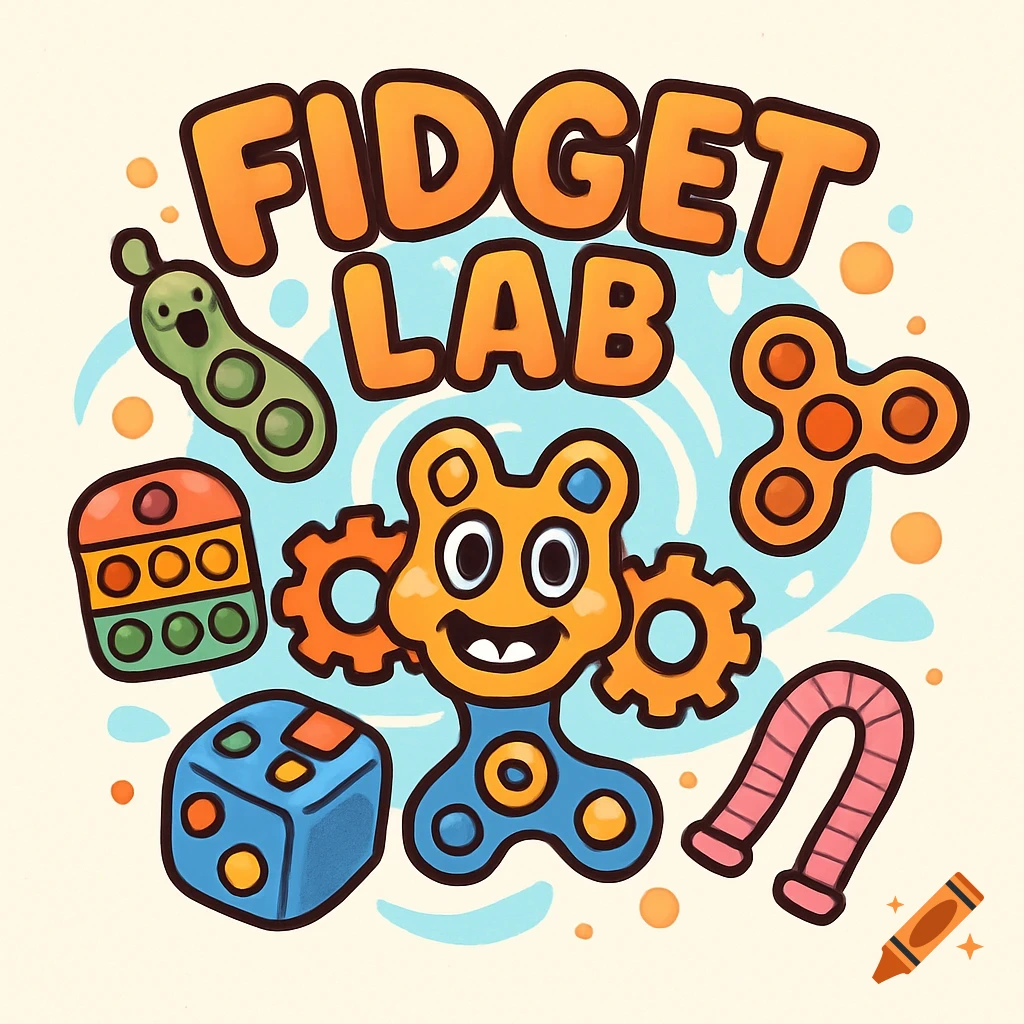 A colorful, cartoony logo for 'Fidget Lab' featuring various fidget ...
