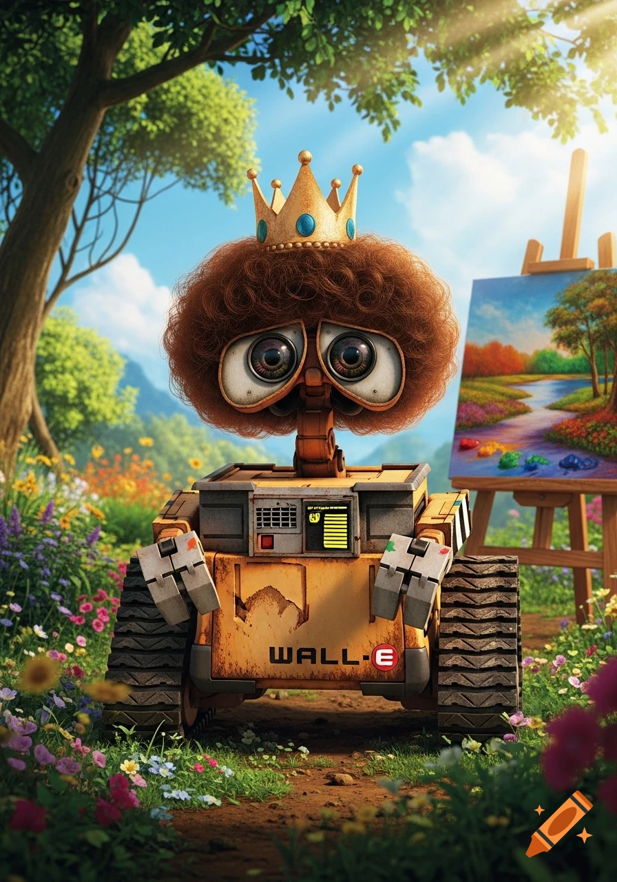 Detailed illustration of Wall-E with a large curly brown afro wig and a gold crown, standing in a vibrant flower field next to an easel with a painting.