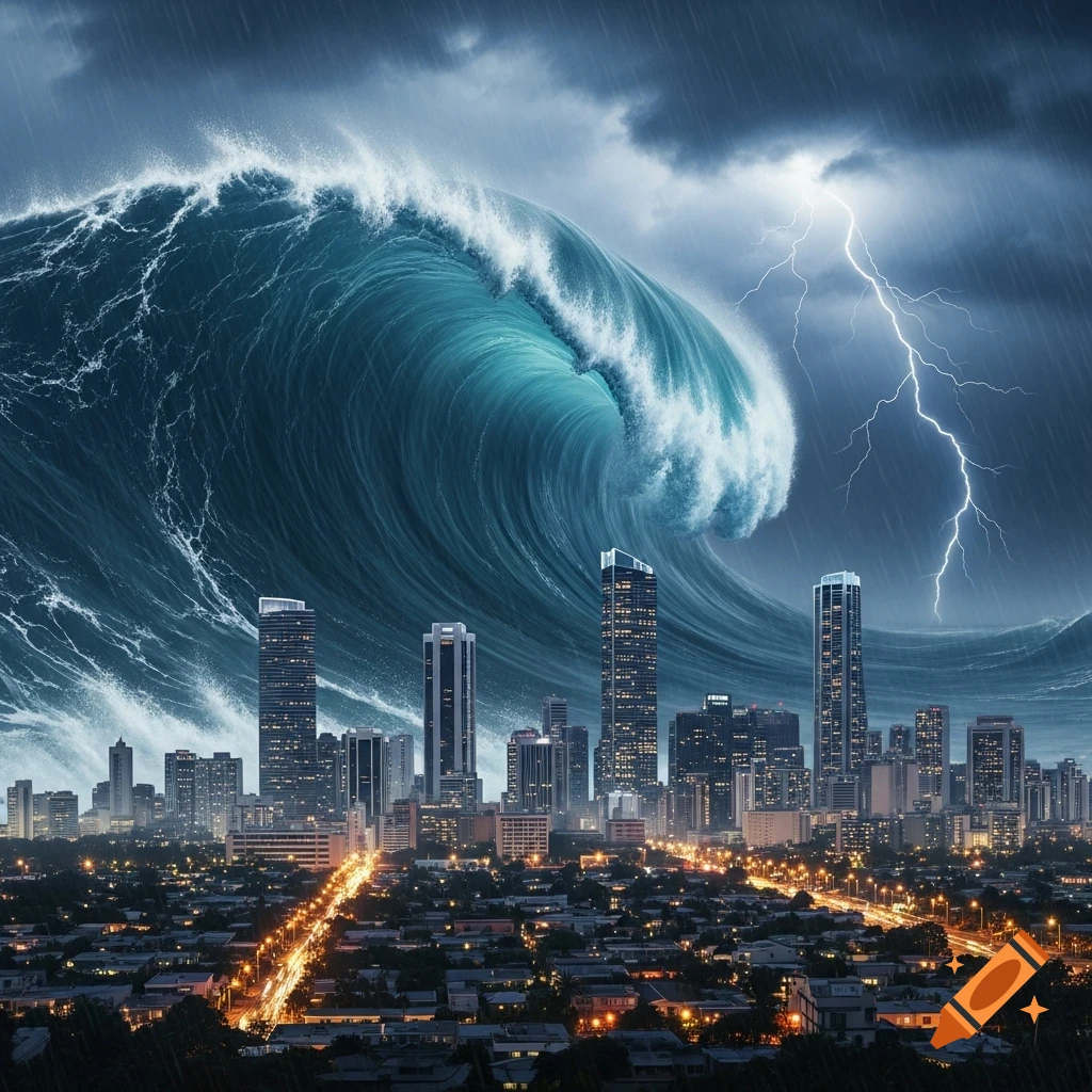 A massive tsunami wave looms over a city at night during a thunderstorm with lightning.