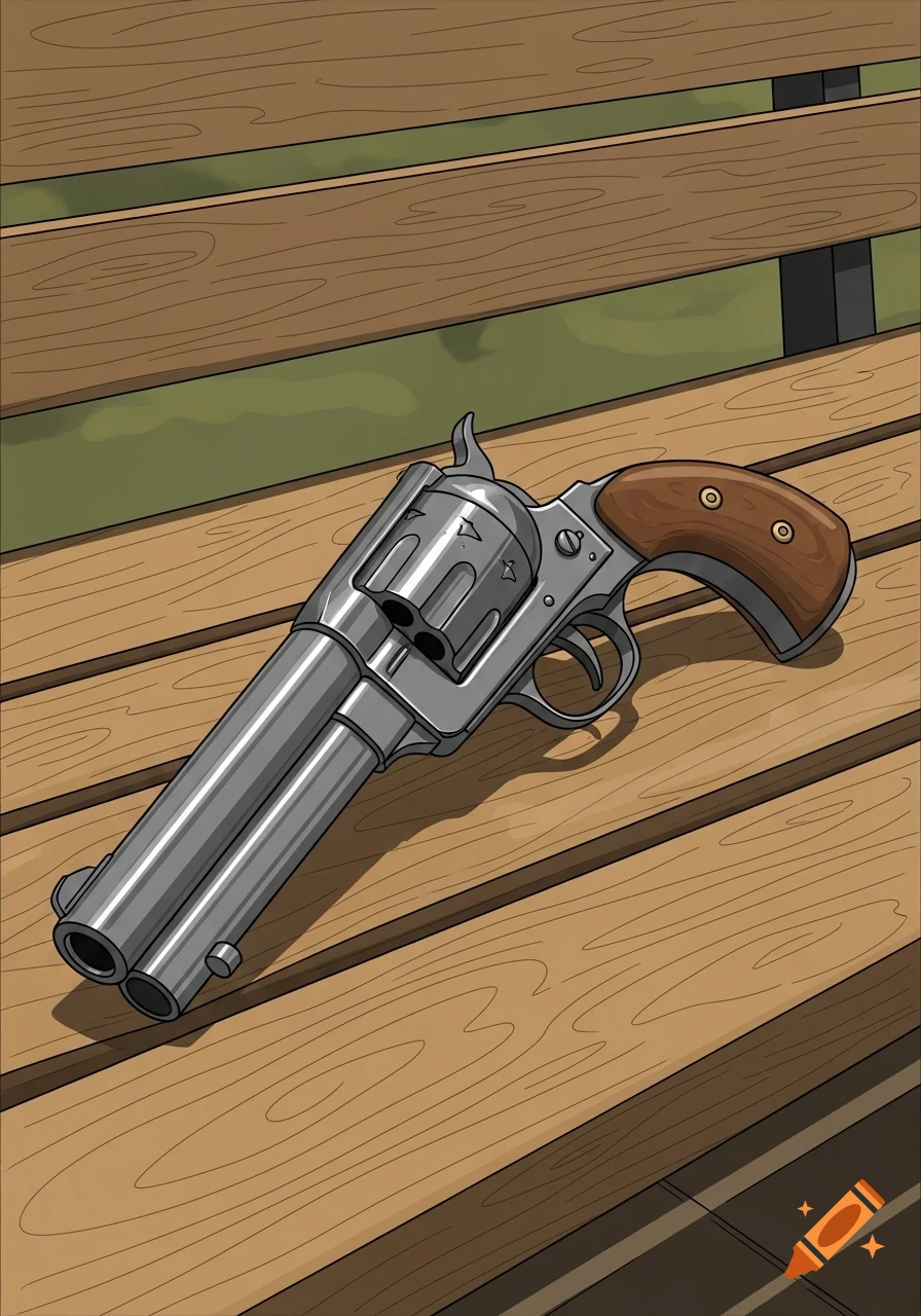 A stylized double-barreled revolver lies angled on a wooden bench, rendered in a graphic novel, cel-shaded style.
