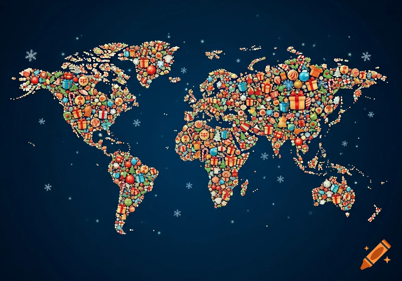 World map formed by colorful Christmas symbols like gifts, ornaments, and candy canes on a dark blue background with snowflakes.