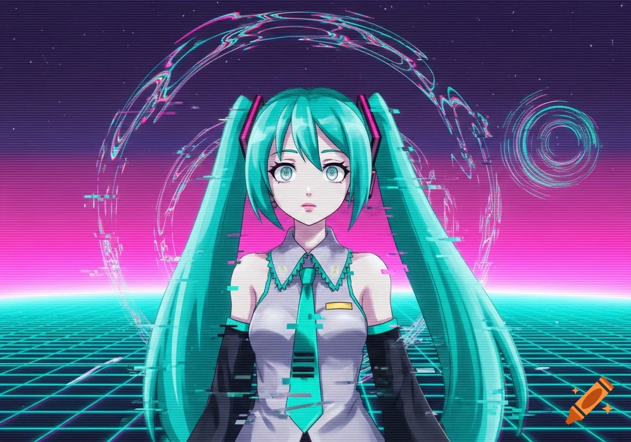 Anime character Hatsune Miku with blue pigtails stands in a synthwave-style background with a neon grid and glitch effects.