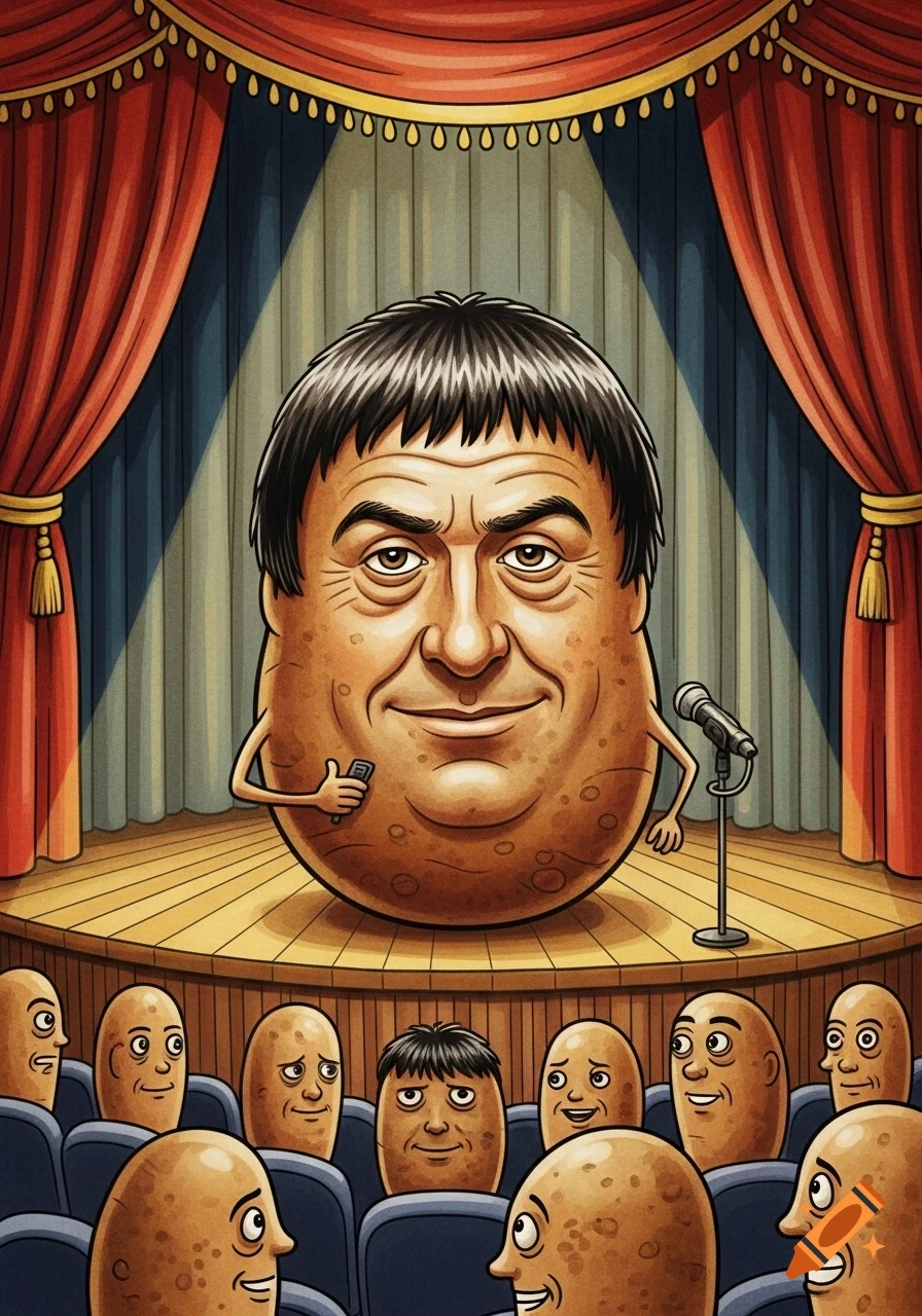 A cartoon of a potato with a man's face and black hair, holding a remote and standing by a microphone on a stage, addressing an audience of other potatoes.