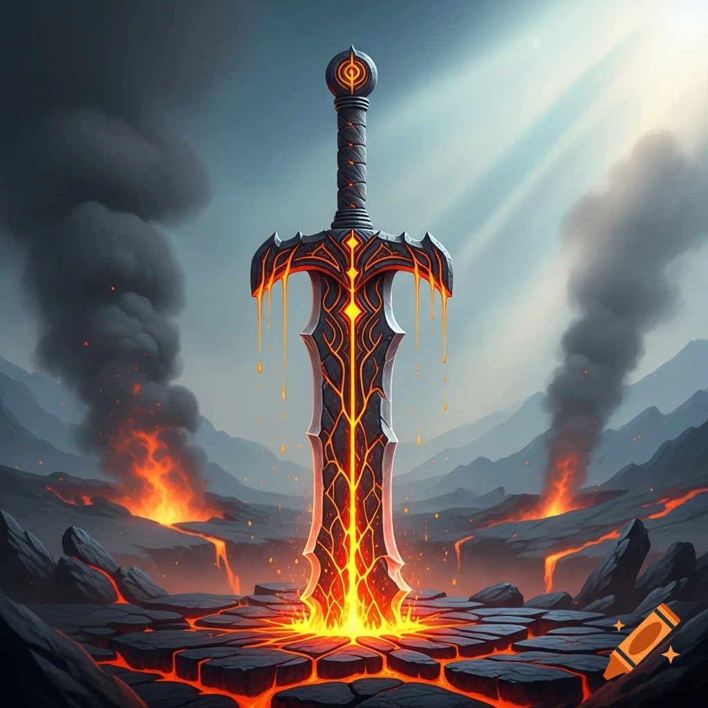 An ornate, glowing lava sword stands upright in a cracked volcanic landscape under a bright sky with smoke.