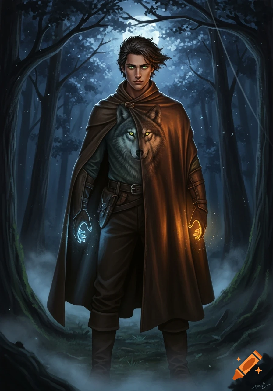 A young man with green eyes stands in a dark forest, wearing a brown cloak with a wolf's head. His hands glow blue and orange. Digital painting.