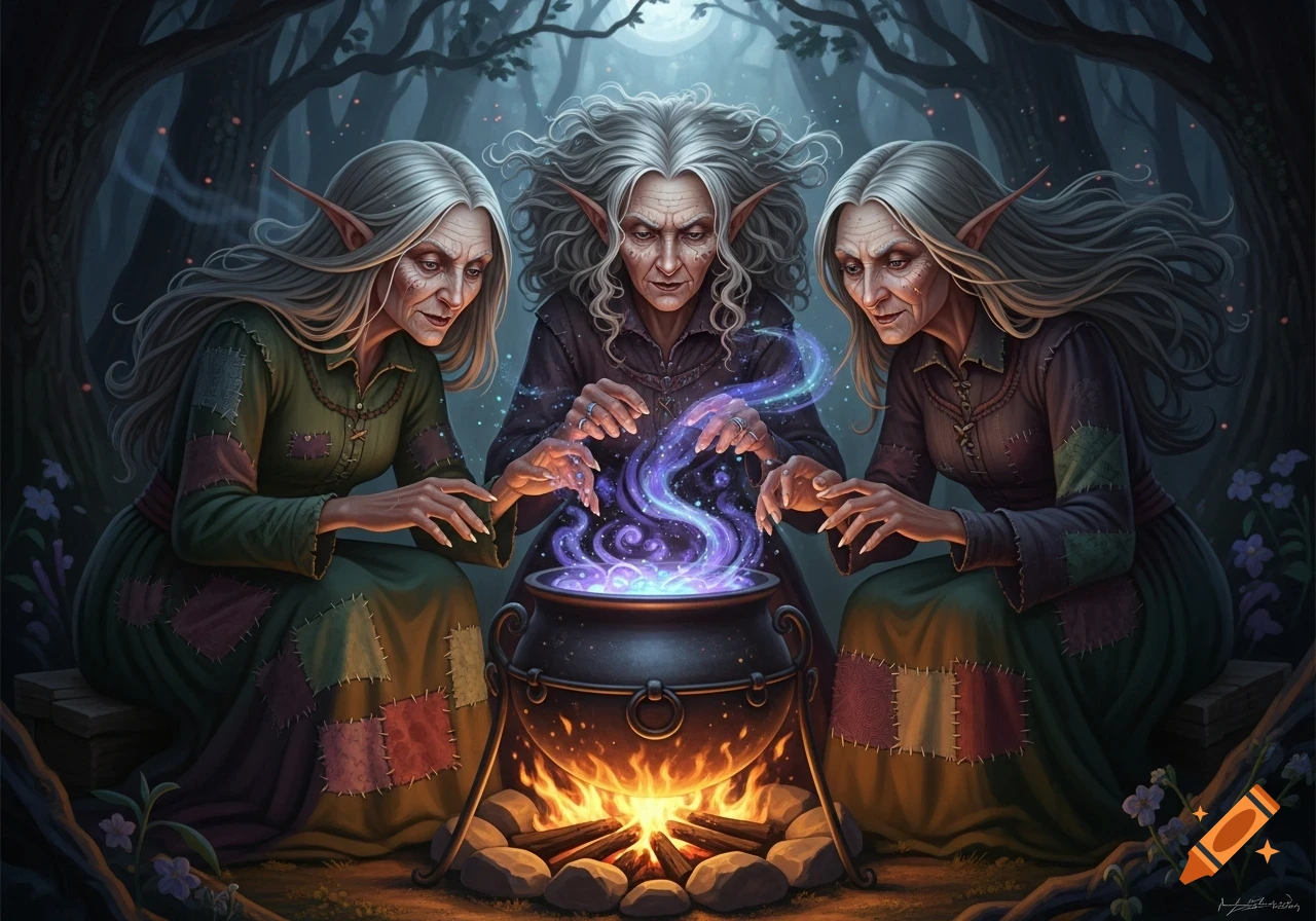 Three old witches with long white hair performing magic over a glowing cauldron in a dark, moonlit forest.