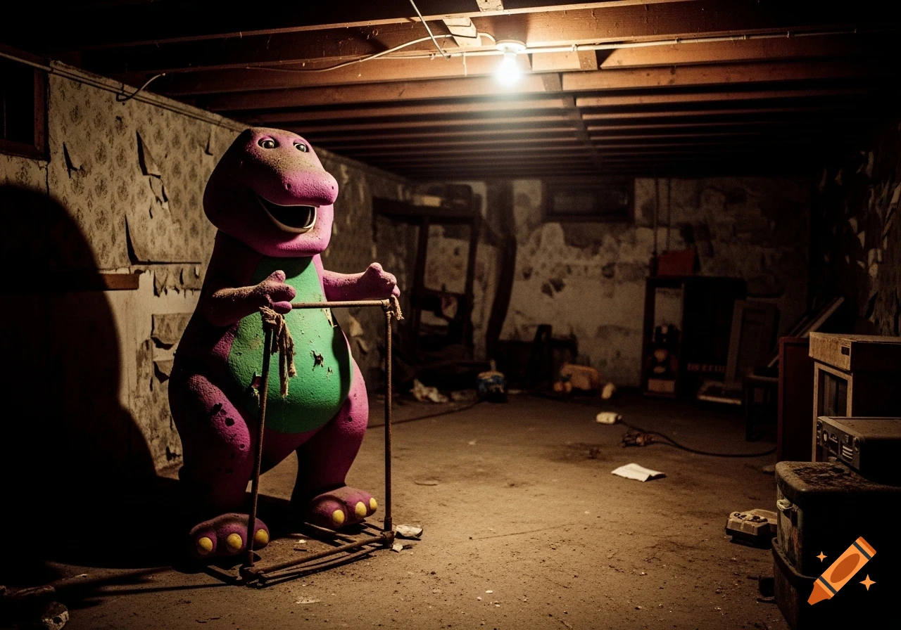 A dilapidated Barney the dinosaur animatronic stands eerily in a dimly lit, abandoned basement with peeling wallpaper.