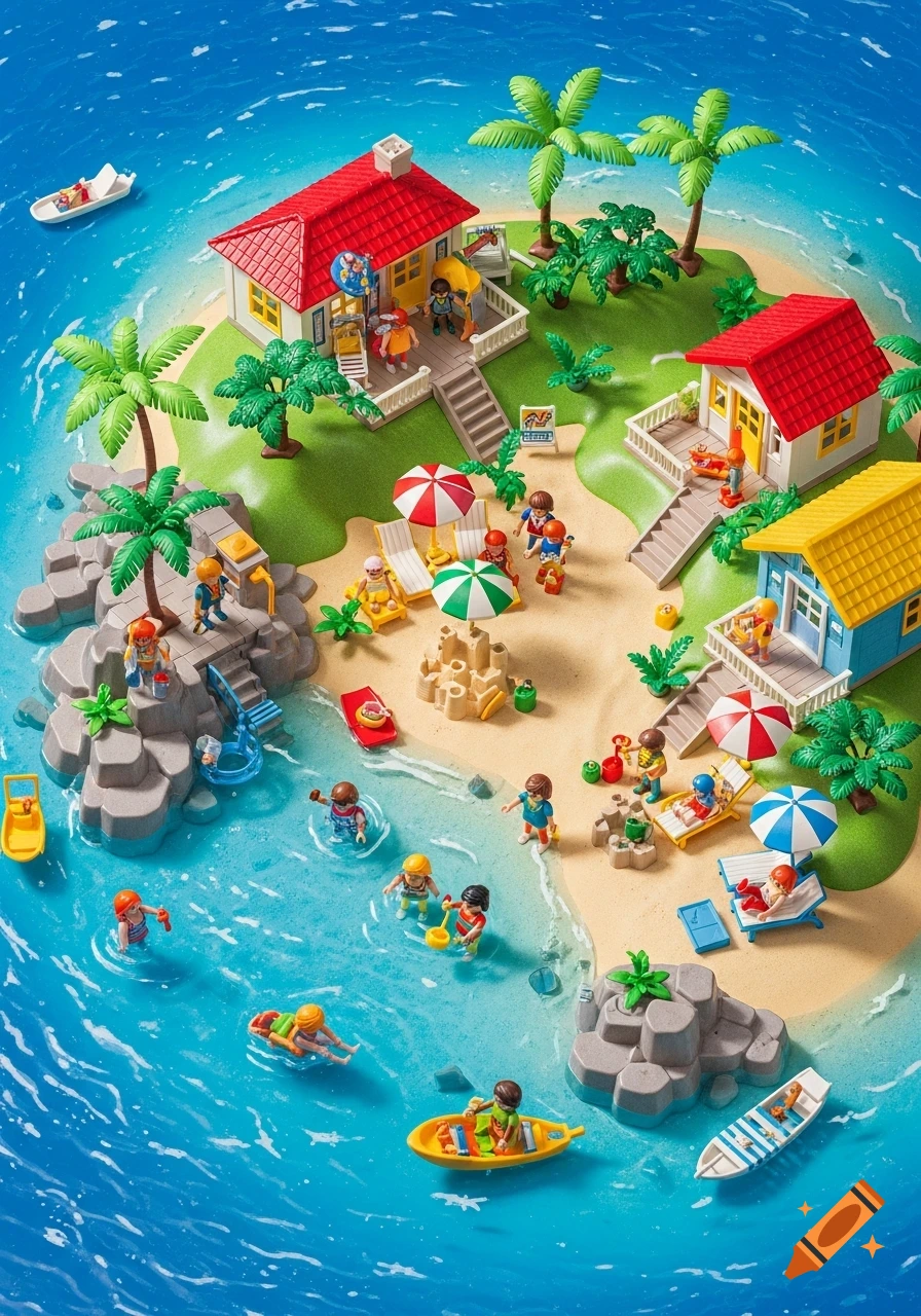 An aerial view of a Playmobil toy tropical island resort, featuring colorful houses, palm trees, beaches with sandcastles, and figures swimming and boating in clear blue water.