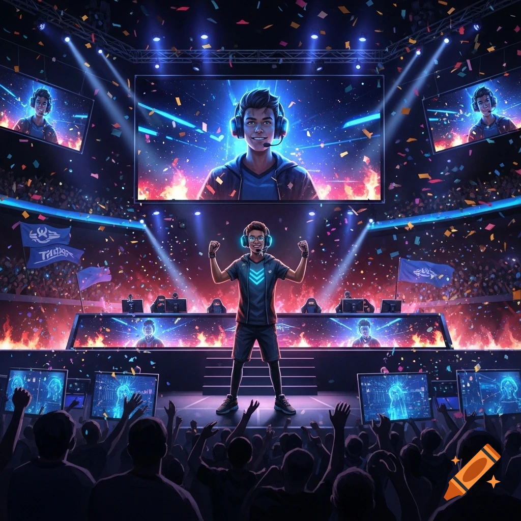 An esports winner stands triumphantly on stage, illuminated by spotlights and confetti, with a huge screen showing his face above him. A large crowd cheers.