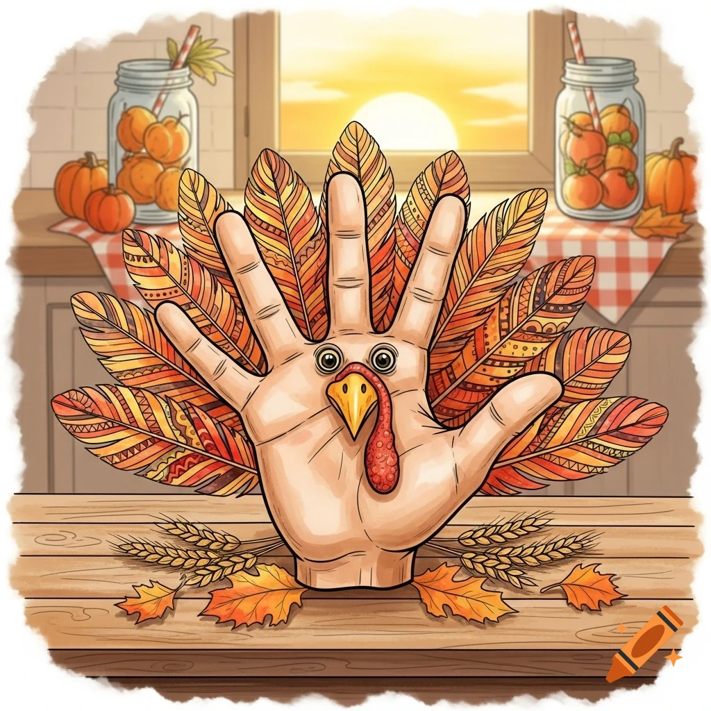 Colorful cartoon illustration of a hand turkey on a wooden table with autumn leaves, pumpkins, and a sunset in the background.