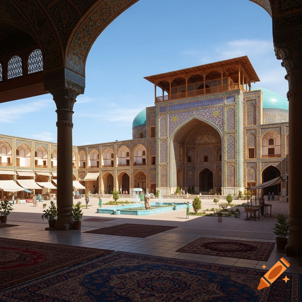 A grand palace courtyard with intricate Persian Islamic architecture, a central fountain, and ornate rugs under a clear blue sky.
