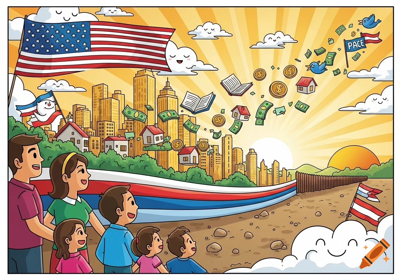 Colorful cartoon of a hopeful family looking towards a vibrant city skyline with floating money, houses, and books, under an American flag.