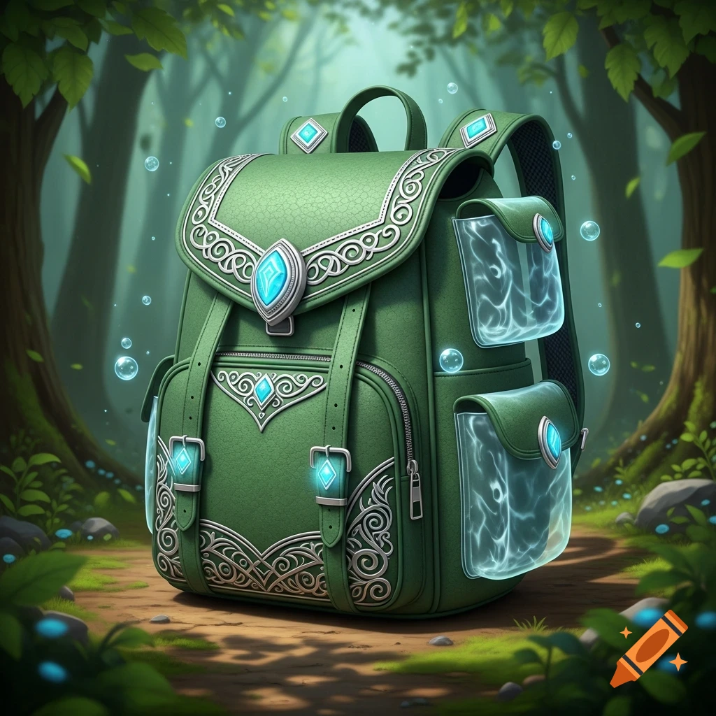 A green fantasy travel backpack with ornate silver scrollwork and glowing blue gems, in a mystical forest setting.