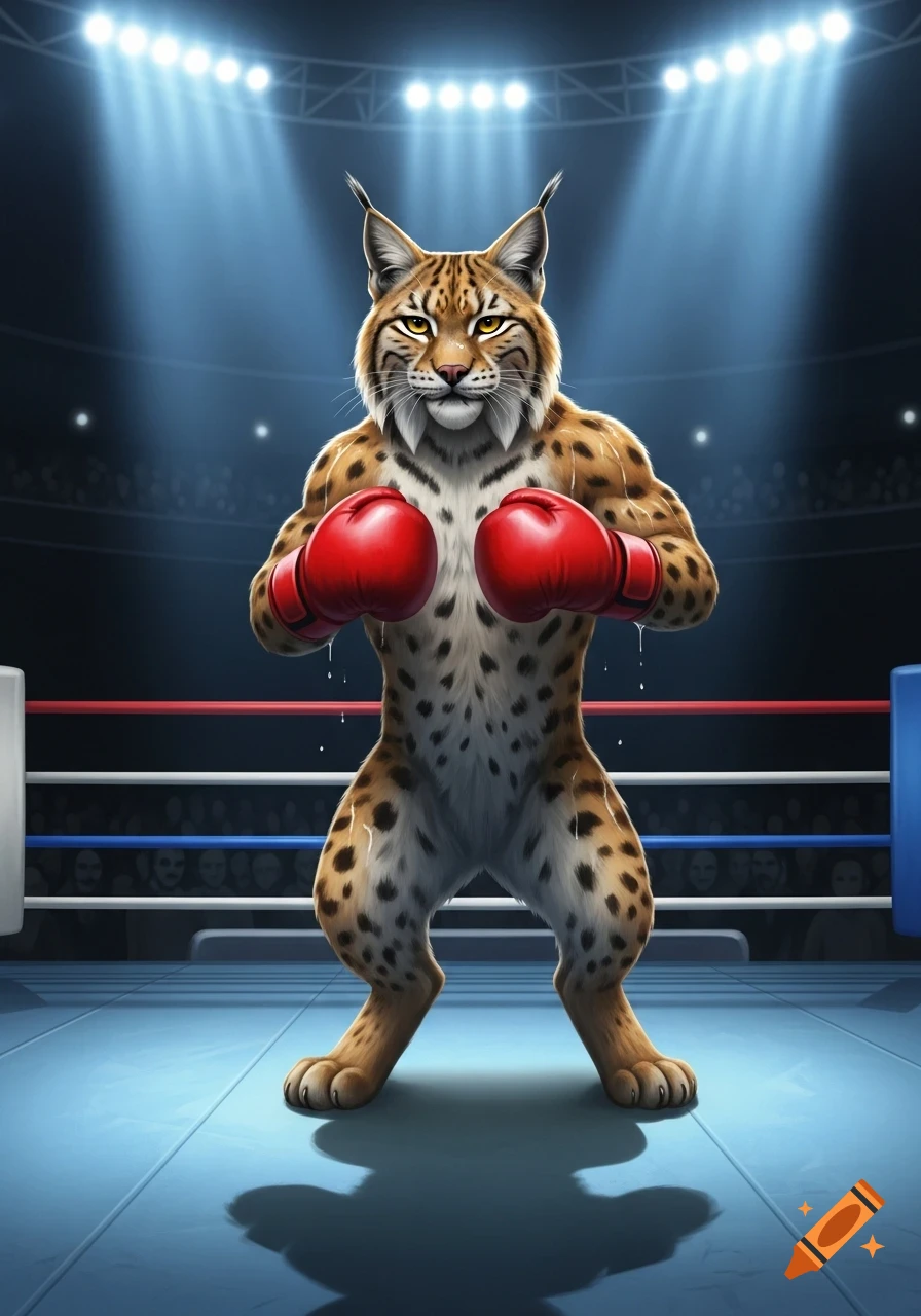 An anthropomorphic lynx wearing red boxing gloves stands in a spotlighted boxing ring.