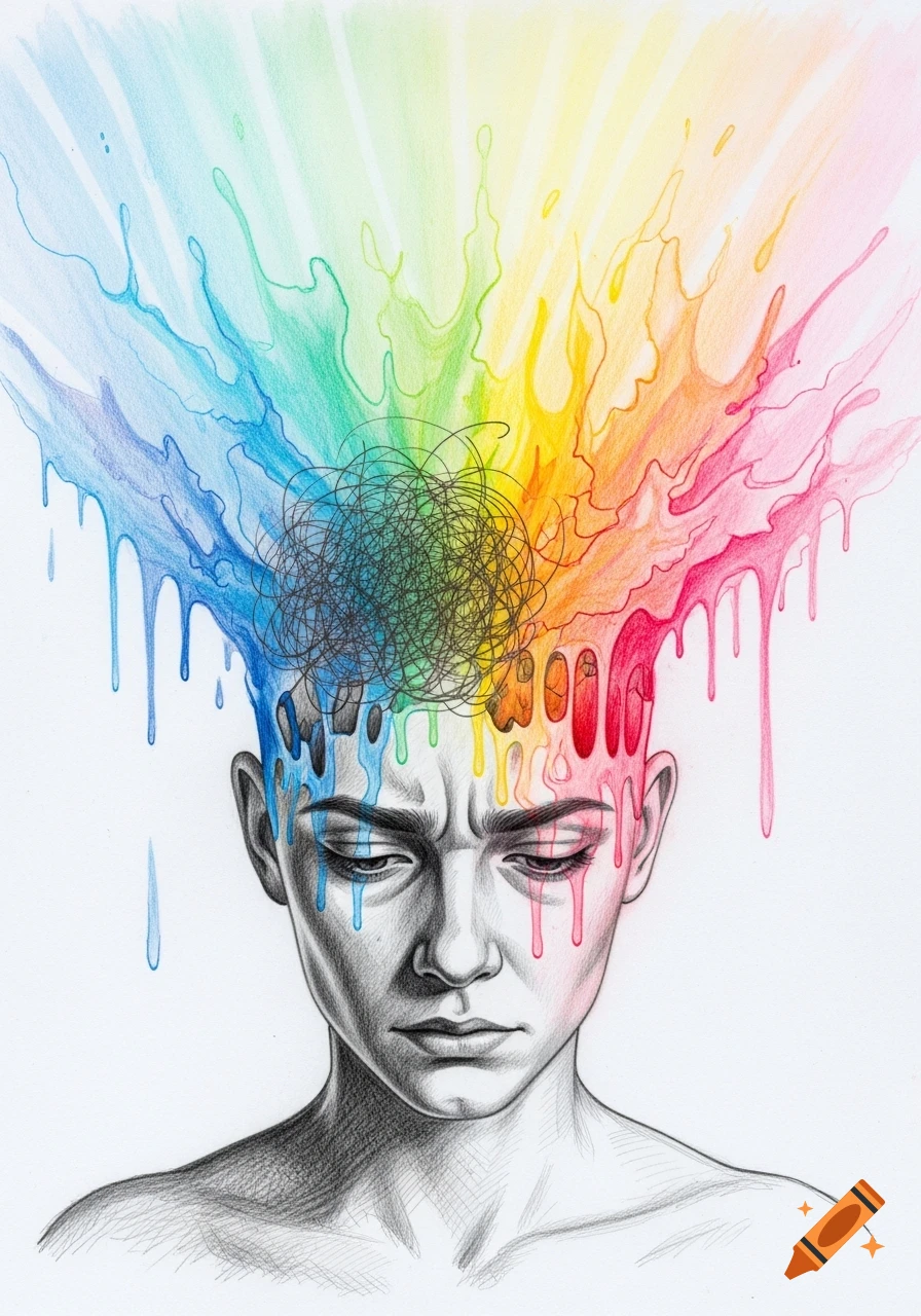 Pencil drawing of a somber person with tangled dark lines and bright rainbow colors exploding from their head.