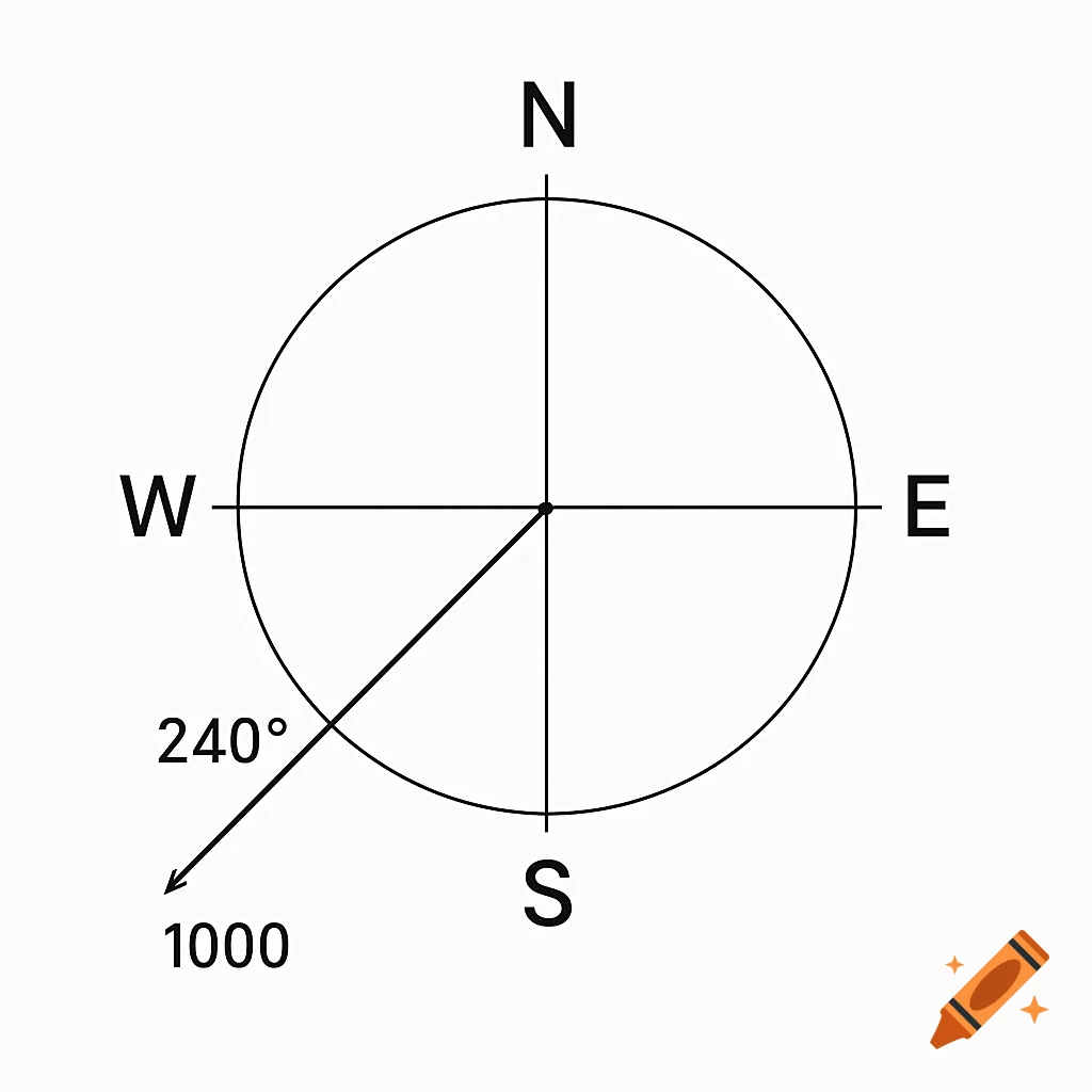 A technical diagram of a compass showing a vector originating from the center at 240 degrees clockwise from North, labeled with a length of 1000 units.