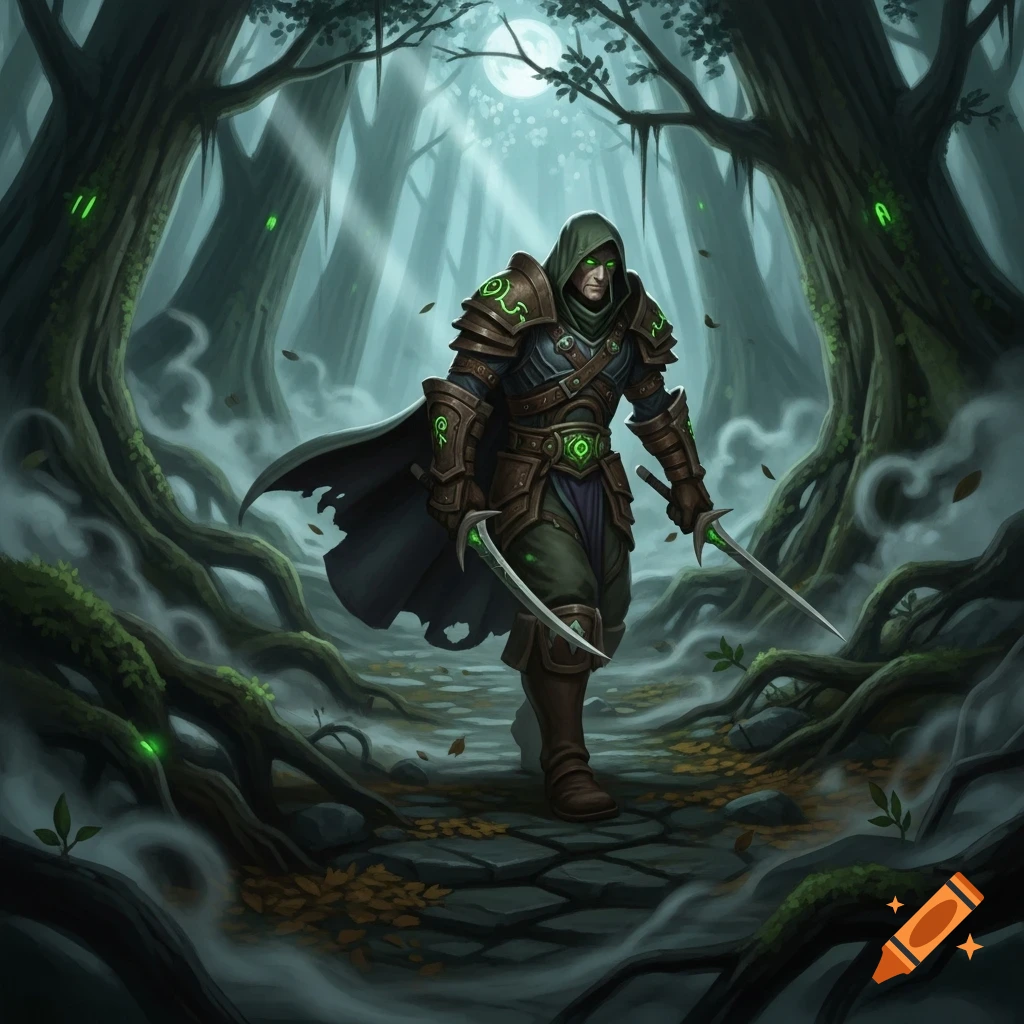 A World of Warcraft-style rogue in dark armor and a cloak, holding two daggers, walks through a misty, moonlit forest with glowing runes on trees.